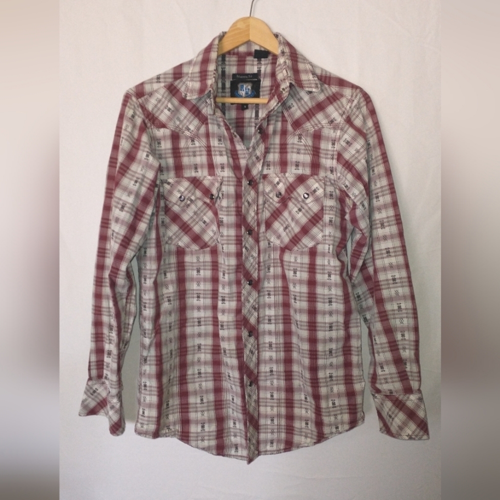 Southwest Rodeo Cowboy Red and White Plaid Button-Up Shirt Small